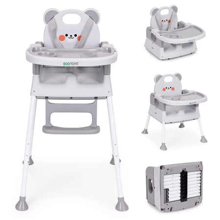 Fotelik krzesełko do karmienia dzieci 3w1 podwójna tacka 5-punktowe pasy szary ECOTOYS