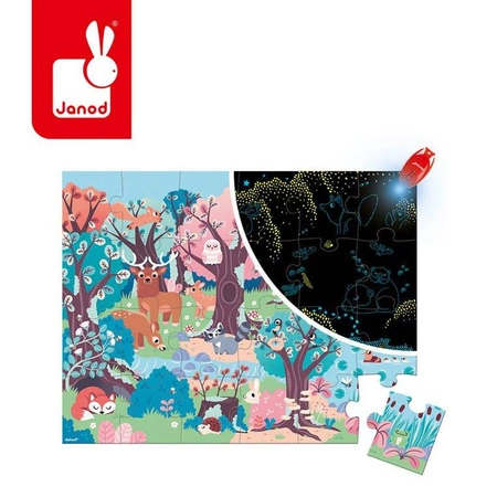 Świecące puzzle z mini-lampką UV Las 24 elementy 3+, Janod