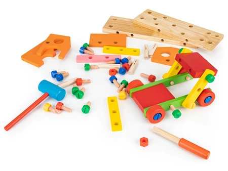 Drewniane klocki konstrukcyjne edukacyjne + narzedzia Ecotoys