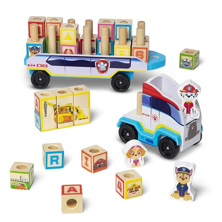 Ciężarówka z przyczepą klocki drewniane Psi Patrol ABC Melissa & Doug 33272 układanka na palikach