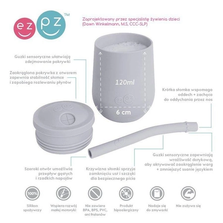 EZPZ Silikonowy kubeczek ze słomką Mini Cup + Straw Training System 120 ml pastelowa szarość