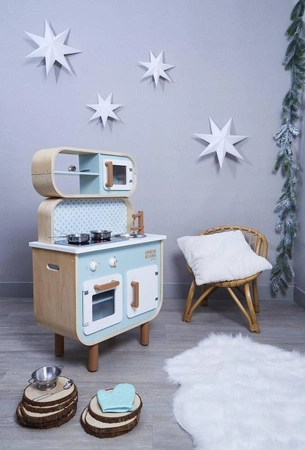 Dwustronna drewniana kuchnia z pralką 2w1, z dźwiękiem, światłem LED i 8 akcesoriami, Janod