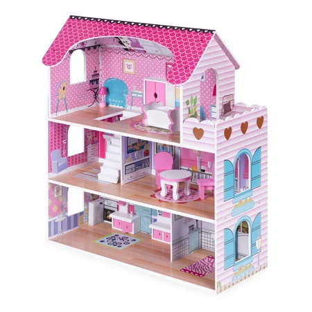 Drewniany domek dla lalek z oświetleniem LED + zestaw mebelków ECOTOYS