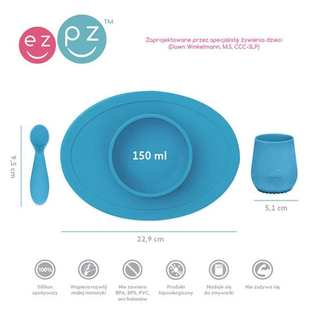 EZPZ Komplet pierwszych naczyń silikonowych First Foods Set niebieski