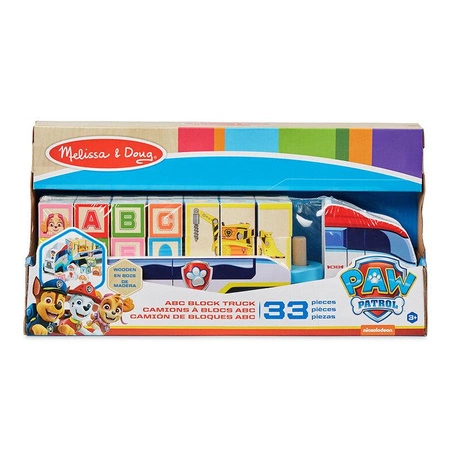 Ciężarówka z przyczepą klocki drewniane Psi Patrol ABC Melissa & Doug 33272 układanka na palikach