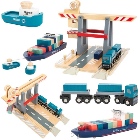 Drewniany zestaw z magnesami i dźwigiem do kolejki Kontenerowiec SFN z nabrzeżem 11378-Small Foot World, kolejki dla dzieci