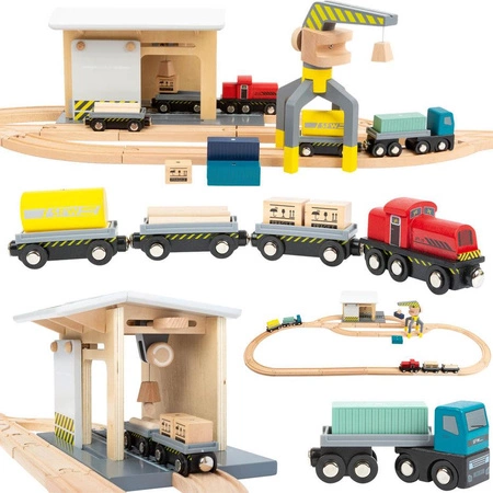 Drewniany zestaw z magnetycznymi kontenerami i dźwigami Kompleksowy skład towarowy 11377-Small Foot World, kolejki dla dzieci