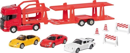 Ciężarówka z lawetą i 3 metalowymi samochodzikami Super Truck auto transporter Scania V8 Goki 12327 autka dla dzieci