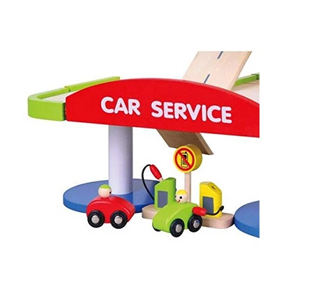 Duży Drewniany Dwupoziomowy garaż z akcesoriami Car Service Viga Toys