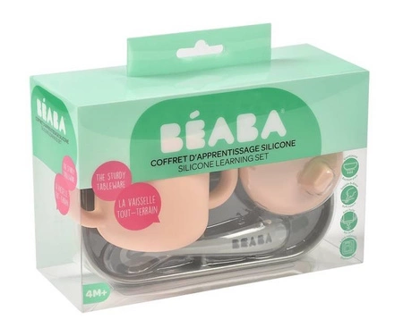 Beaba Komplet naczyń z silikonu trójdzielny talerz z przyssawką + kubeczek z pokrywką z ustnikiem + łyżeczka Pink