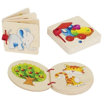 Drewniana książeczka, słoń, lokomotywa, dom, goki