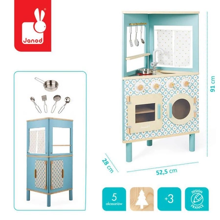 Trójstronna drewniana kuchnia narożna Trio z 5 akcesoriami 3+, Janod