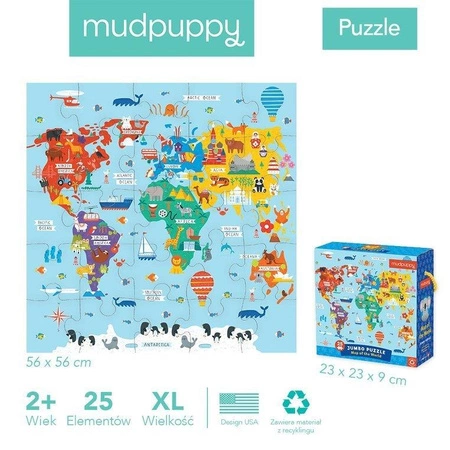 Mudpuppy Puzzle podłogowe Jumbo Mapa świata 25 elementów 2+