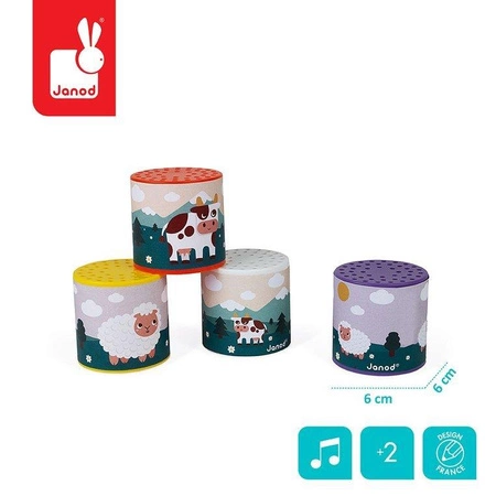 Pudełko dźwiękowe z odgłosami zwierząt Pocket 2+, opakowanie zbiorcze 12 sztuk (4 rodzaje), Janod