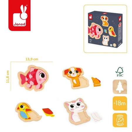 Puzzle progresywne drewniane Zwierzęta domowe 4 układanki – 2, 3, 4 i 5 elementów 18 m+, Janod