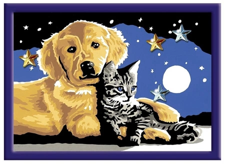 CreArt Malowanie Po Numerach Dla Dzieci - Pies z Kotkiem Nocą
