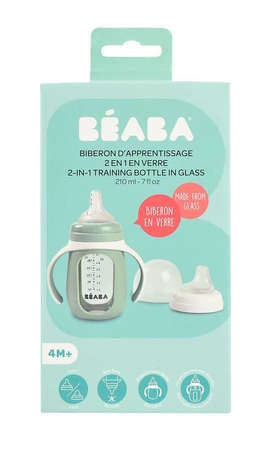 Beaba Szklana butelka treningowa w silikonowej osłonce 2w1 210 ml Sage green