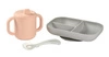 Beaba Komplet naczyń z silikonu trójdzielny talerz z przyssawką + kubeczek z pokrywką z ustnikiem + łyżeczka Pink
