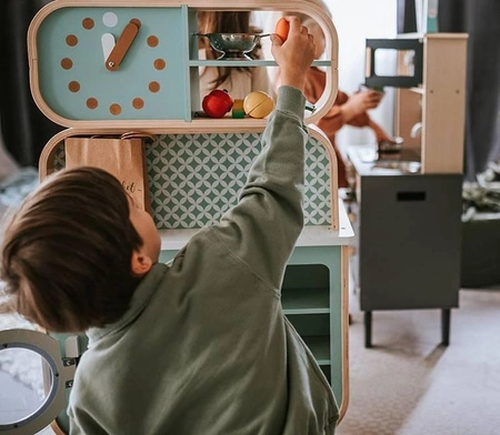 Dwustronna drewniana kuchnia z pralką 2w1, z dźwiękiem, światłem LED i 8 akcesoriami, Janod