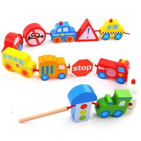 TOOKY TOY Drewniane Klocki Koraliki do Nawlekania Pojazdy Samochody 13 el.