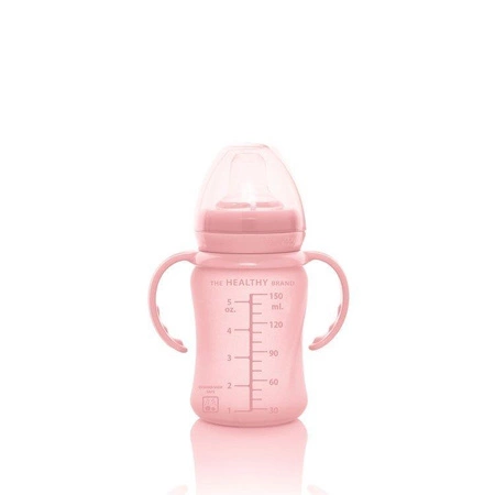 Szklana butelka z ustnikiem niekapkiem i rączkami, 150 ml, różowa, Everyday Baby