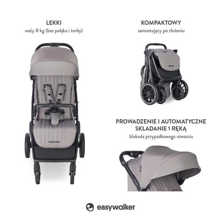 Easywalker Jackey² XL Komfortowy, samoskładający się wózek spacerowy z torbą transportową i osłoną przeciwdeszczową Pebble Grey