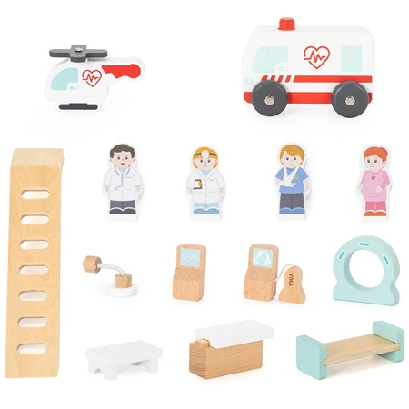 VIGA Drewniany Szpital Z Karetką Winda Zestaw 15 el