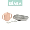 Beaba Komplet naczyń z silikonu trójdzielny talerz z przyssawką + kubeczek z pokrywką z ustnikiem + łyżeczka Pink
