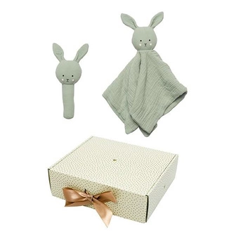 Grzechotka i szmatka przytulanka- zestaw upominkowy szałwiowy królik Jabadabado