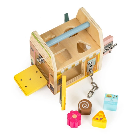 Drewniana kostka edukacyjna, sorter klockami cztery zamki, uchwyt