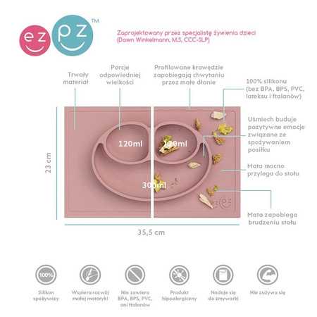 EZPZ Silikonowy talerzyk z podkładką 2w1 Happy Mat + GRATIS komplet silikonowych sztućców pastelowy róż