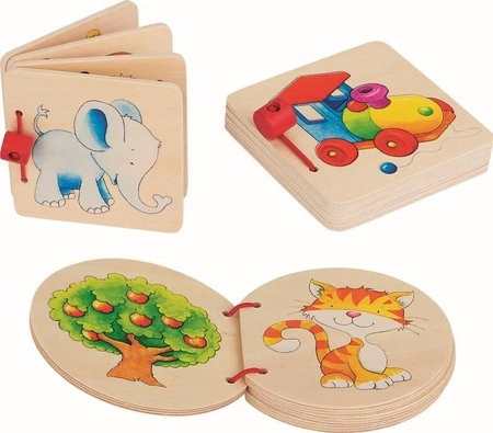 Drewniana książeczka, słoń, lokomotywa, dom, goki