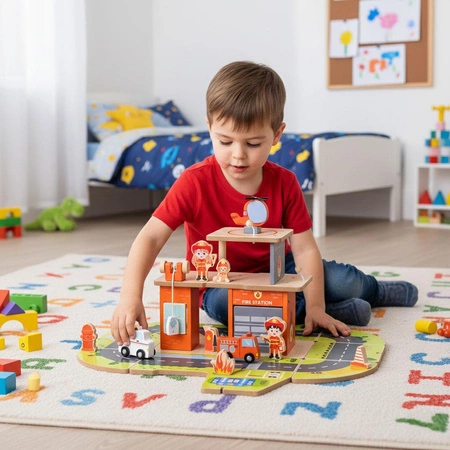 Drewniany garaż zestaw straży pożarnej 2w1 – remiza i wóz 2 piętra figurki pojazdy ECOTOYS