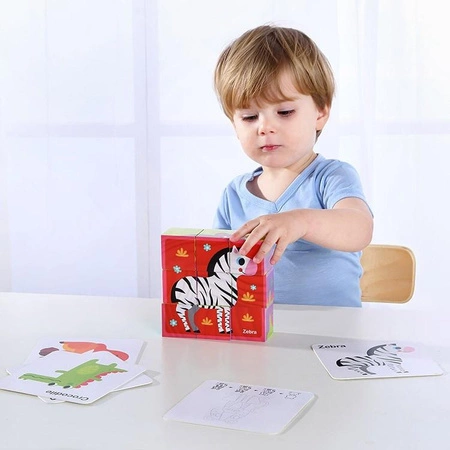 TOOKY TOY Układanka Montessori Bloki Kostki Sześciany Puzzle Zwierzęta + wzorniki