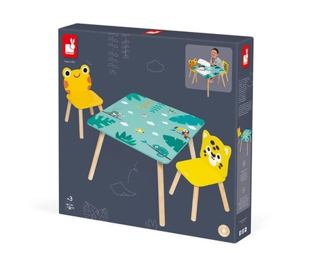 Zestaw drewnianych mebelków stolik i 2 krzesła Tropik 3+, Janod