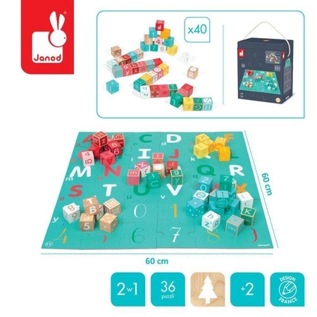 Drewniane klocki z puzzlami Kubix Litery i cyfry 40 elementów 2+, Janod