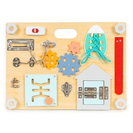 Dwustronna drewniana tablica sensoryczna manipulacyjna dla dzieci