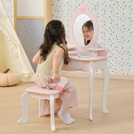 VIGA Duża Toaletka Drewniana Biało-Różowa z Lustrem i Krzesełkiem