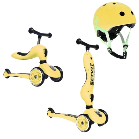 Zestaw SCOOTANDRIDE Highwaykick 1 2w1 Jeździk i hulajnoga 1-5 lat Lemon + Kask XXS Lemon