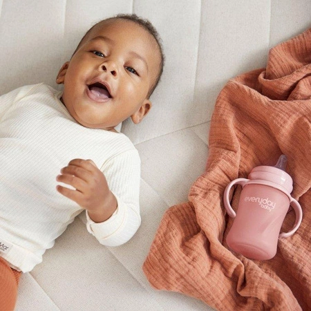 Szklana butelka z ustnikiem niekapkiem i rączkami, 150 ml, różowa, Everyday Baby