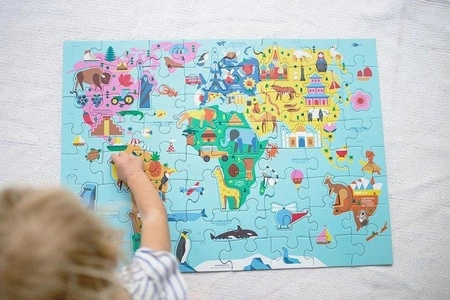 Mudpuppy Puzzle Mapa Świata z elementami w kształcie budynków i zwierząt 5+