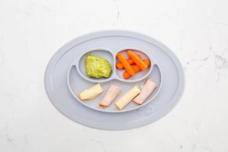 EZPZ Silikonowy talerzyk z podkładką mały 2w1 Mini Mat pastelowa szarość + pokrywka GRATIS szara