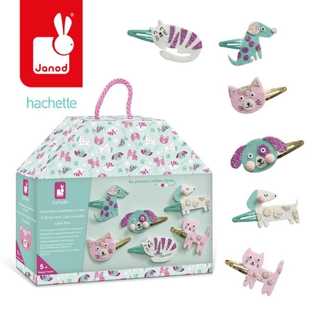 Janod Zestaw kreatywny do tworzenia biżuterii Brokatowe spinki do włosów Pieski i kotki 5+