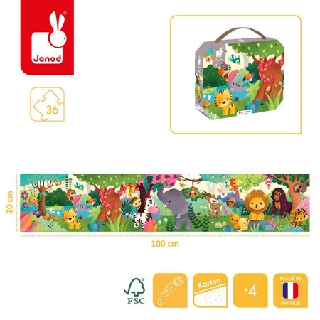 Puzzle panoramiczne w walizce Dzikie zwierzęta 36 elementów 4+, Made in France, Janod