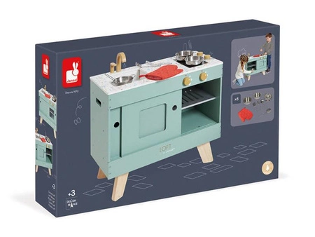Drewniana kuchnia Loft z dźwiękiem i 8 akcesoriami 3+, Janod