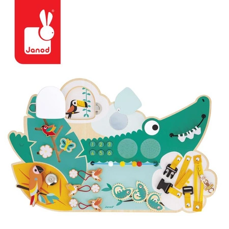 Janod Duża drewniana tablica manipulacyjna 14 aktywności Krokodyl Tropik 18m+