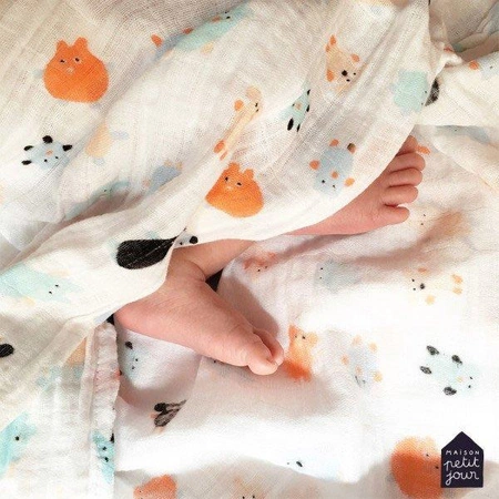 Muślinowy, mały otulacz dla niemowlaka, Doudous, Puchaci Przyjaciele | Maison Petit Jour®