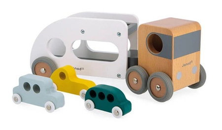 Laweta z 3 pojazdami drewniana Bolid 2+, Janod