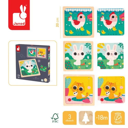 Zestaw 3 drewnianych puzzli 3x 9 elementów, 18 m+, Janod