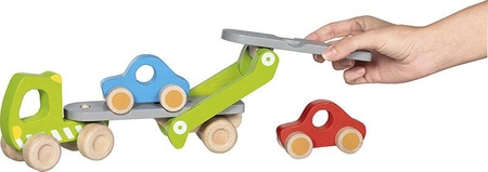 Transporter samochodowy laweta drewniana i 2 autka Goki 55860